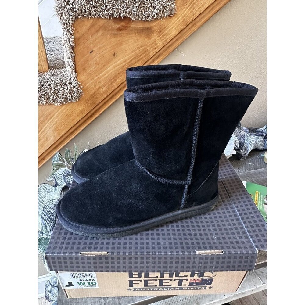 Beach Feet Australian Boots Womens Size 10 Tan Black Suede Sheepskin Wool Lining